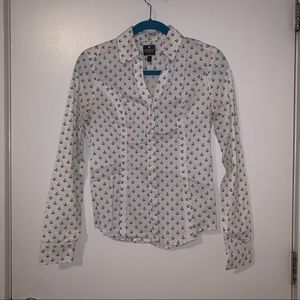 EXPRESS cotton long-sleeve fitted button-down shirt, white w/ blue anchor print